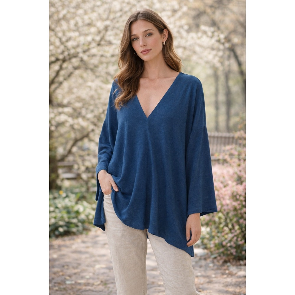 Bryn Walker Blue V Neck Tunic Top Large bamboo oversized solid minimalist